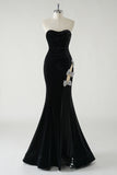 Strapless Velvet Black Mermaid Bow Prom Dress with High Slit