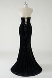 Strapless Velvet Black Mermaid Bow Prom Dress with High Slit