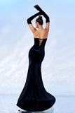 Black Strapless Sparkly Bows Velvet Formal Dress With High Slit (No Gloves)