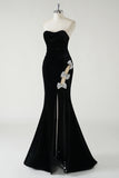 Strapless Velvet Black Mermaid Bow Prom Dress with High Slit