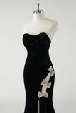 Strapless Velvet Black Mermaid Bow Prom Dress with High Slit