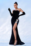 Black Strapless Sparkly Bows Velvet Formal Dress With High Slit (No Gloves)