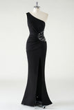 One Shoulder Sheath Black Sequins Prom Dress with Slit