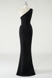 One Shoulder Sheath Black Sequins Prom Dress with Slit