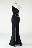 One Shoulder Sheath Black Sequins Prom Dress with Slit