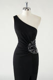 One Shoulder Sheath Black Sequins Prom Dress with Slit