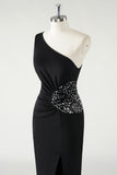 One Shoulder Sheath Black Sequins Prom Dress with Slit