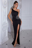 Sparkly Black Mermaid One Shoulder Sequined Ruched Formal Dress with Slit