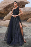 Sparkly Black A-Line One Shoulder Prom Dress with Slit