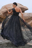 Sparkly Black A-Line One Shoulder Prom Dress with Slit