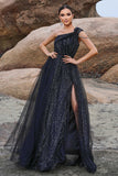 Sparkly Black A-Line One Shoulder Prom Dress with Slit