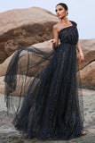 Sparkly Black A-Line One Shoulder Prom Dress with Slit