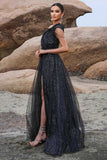 Sparkly Black A-Line One Shoulder Prom Dress with Slit