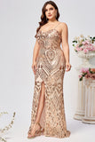 Sparkly Plus Size Golden Mermaid Sequin Embroidered Formal Dress with Slit