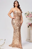 Sparkly Plus Size Golden Mermaid Sequin Embroidered Formal Dress with Slit