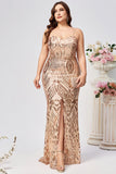 Sparkly Plus Size Golden Mermaid Sequin Embroidered Formal Dress with Slit