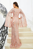 Sparkly Pink Mermaid V Neck Long Sleeves Sequin Long Formal Dress