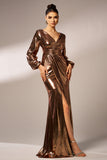 Metallic Brown Mermaid Long Sleeves Formal Dress with Slit