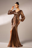 Metallic Brown Mermaid Long Sleeves Formal Dress with Slit