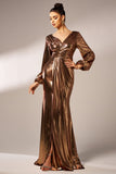 Metallic Brown Mermaid Long Sleeves Formal Dress with Slit