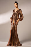 Metallic Brown Mermaid Long Sleeves Formal Dress with Slit