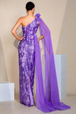 Sparkly Purple One Shoulder Mermaid Sequins Long Prom Dress with Cape