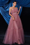 Pink Strapless A-Line Tulle Long Corset Prom Dress