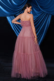 Pink Strapless A-Line Tulle Long Corset Prom Dress