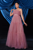 Pink Strapless A-Line Tulle Long Corset Prom Dress