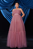 Pink Strapless A-Line Tulle Long Corset Prom Dress