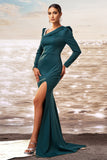 Dark Green Mermaid Long Sleeves Formal Dress with Slit