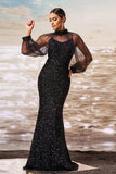 Sparkly Mermaid Black Sequin Long Sleeves Gala Dress