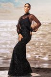 Sparkly Mermaid Black Sequin Long Sleeves Gala Dress