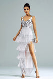 White Sheath Long Cocktail Dress With Fringes