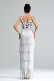 White Sheath Long Cocktail Dress With Fringes