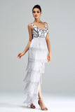 White Sheath Long Cocktail Dress With Fringes