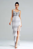 White Sheath Long Cocktail Dress With Fringes