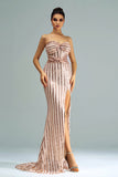 Apricot Mermaid Strapless Sequined Split Gala Dress