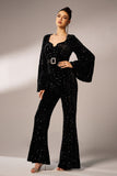 Black Sequin Long Sleeves Jumpsuit with Belt