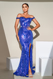 Blue Mermaid Sparkly Sequins Off The Shoulder Formal Dress with Slit