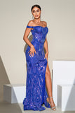 Blue Mermaid Sparkly Sequins Off The Shoulder Formal Dress with Slit