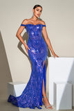 Blue Mermaid Sparkly Sequins Off The Shoulder Formal Dress with Slit