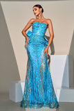 Mermaid Peacock Blue Sequin Strapless Long Formal Dress with Bow Streamer