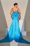 Mermaid Peacock Blue Sequin Strapless Long Formal Dress with Bow Streamer