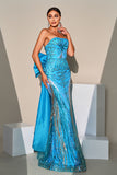 Mermaid Peacock Blue Sequin Strapless Long Formal Dress with Bow Streamer