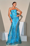 Mermaid Peacock Blue Sequin Strapless Long Formal Dress with Bow Streamer