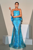 Mermaid Peacock Blue Sequin Strapless Long Formal Dress with Bow Streamer