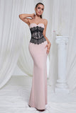 Mermaid Pink Strapless Lace Long Formal Dress