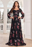 A Line Long Sleeves Floral Print Black Long Formal Dress