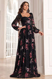 A Line Long Sleeves Floral Print Black Long Formal Dress